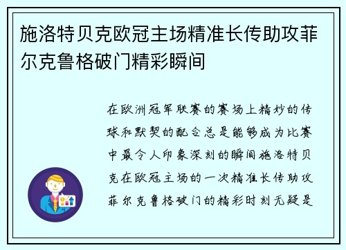 施洛特贝克欧冠主场精准长传助攻菲尔克鲁格破门精彩瞬间