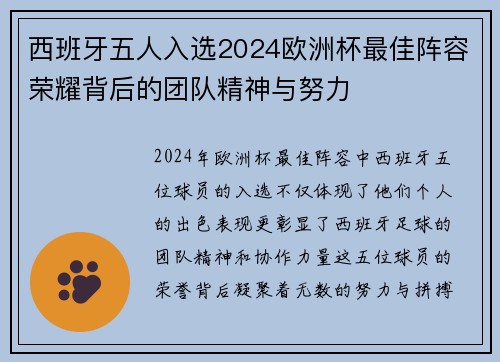 西班牙五人入选2024欧洲杯最佳阵容荣耀背后的团队精神与努力 西班牙五人入选2024欧洲杯最佳阵容荣耀背后的团队精神与努力