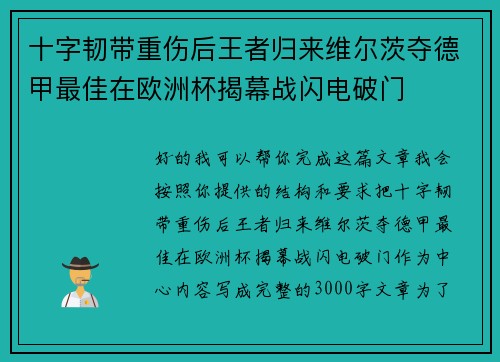 十字韧带重伤后王者归来维尔茨夺德甲最佳在欧洲杯揭幕战闪电破门